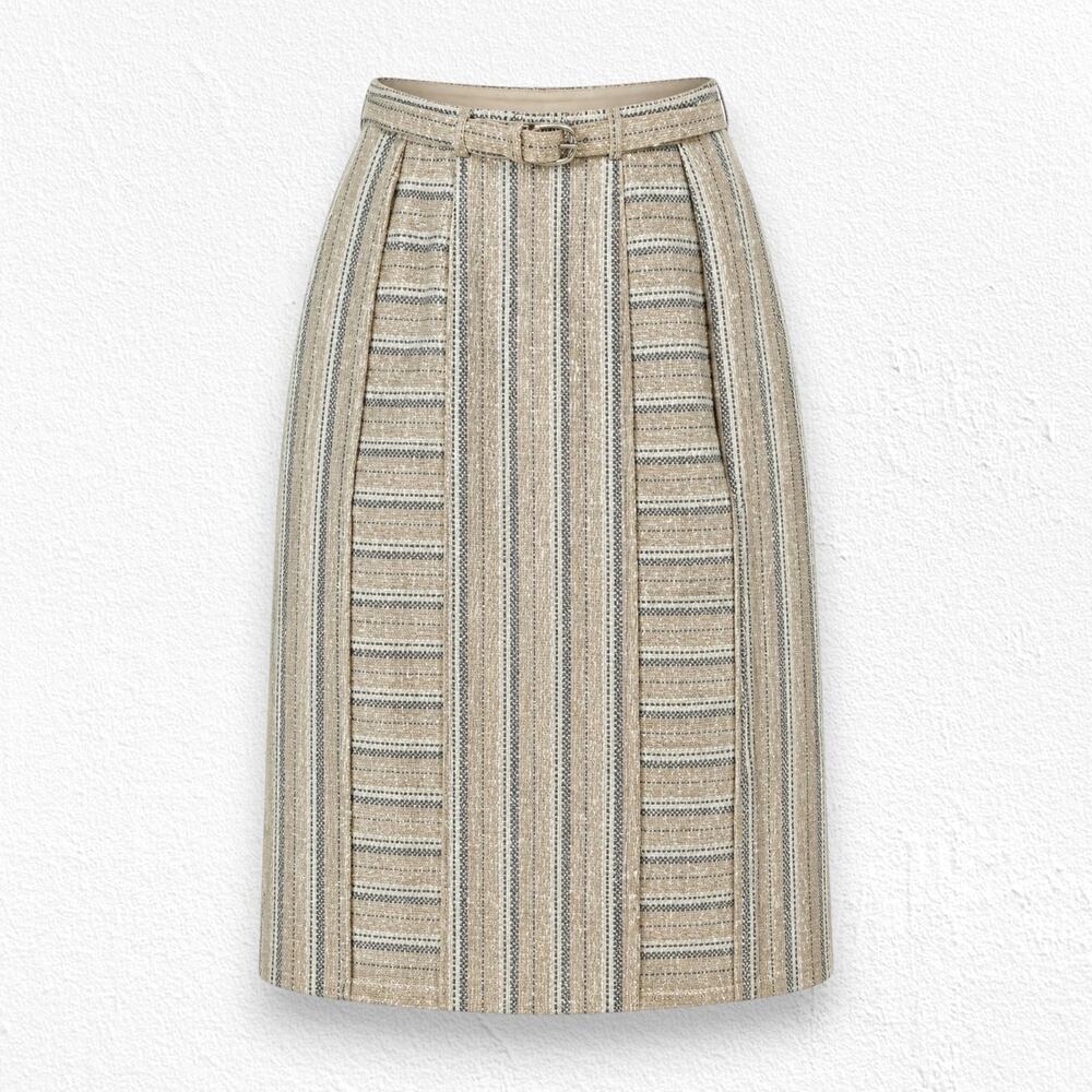 Vintage 1950s Beige Striped Tweed Annette Ross High Waisted Belted Skirt Size 2